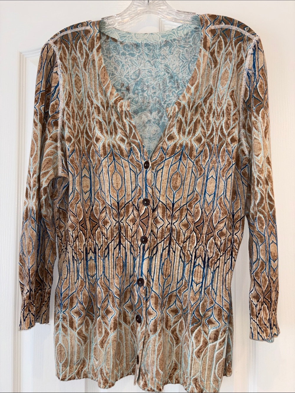 NIC+ZOE Brown and Blue Geometric Button-Front Cardigan